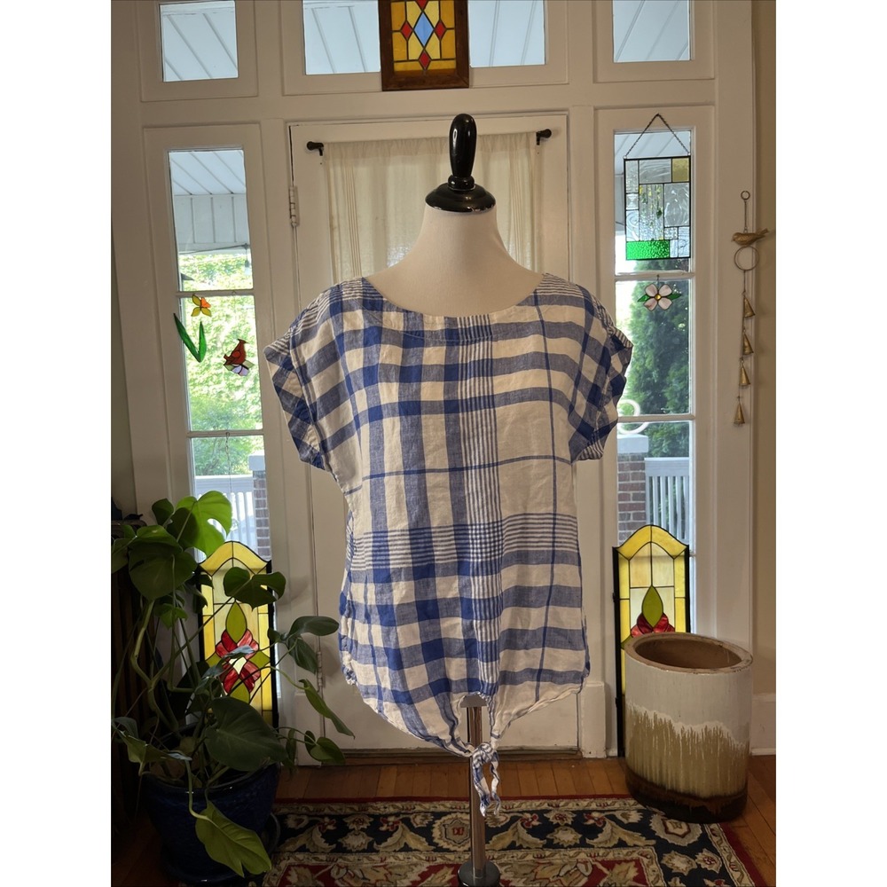 LL Bean Signature Sz S Blue Plaid 100% Linen Top Popover Tie Front Classic Shirt